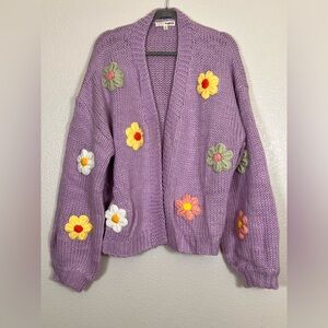 Lavender chunky knit cardigan with floral design, size 3X